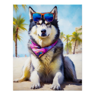 Pôster Alaskan Malamute na praia, presente de verão