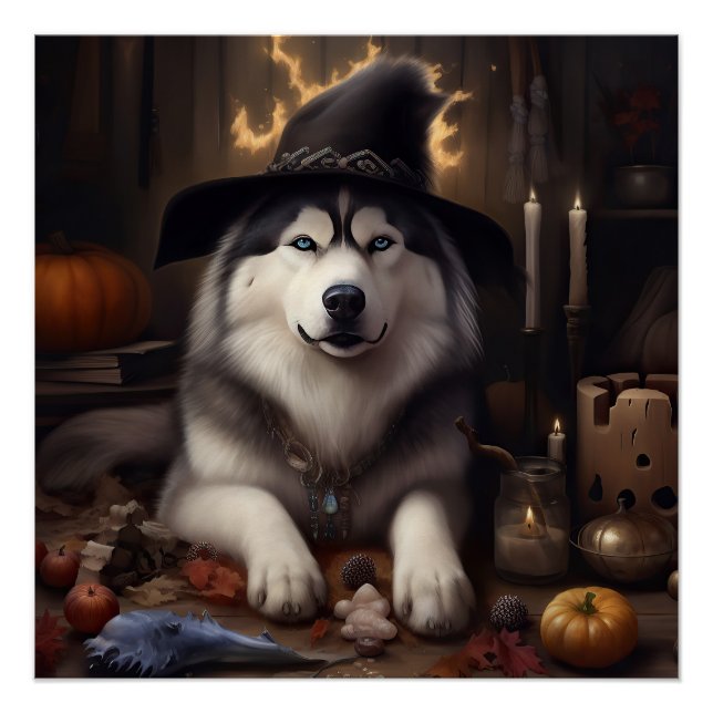Pôster Alaskan Malamute Pumpkins Halloween Scary (Frente)