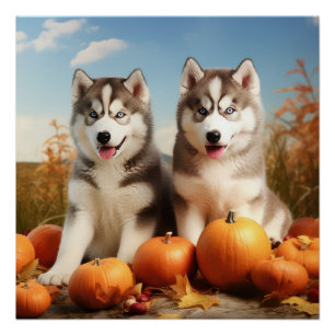 Pôster Alaskan Malamute Puppy Autumn Delight Pumpkin