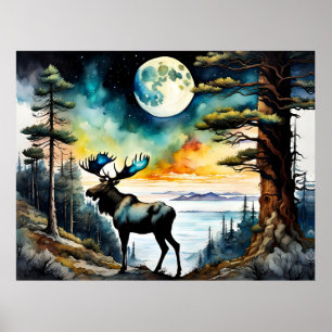 Poster Alaskan Moose sob a Lua