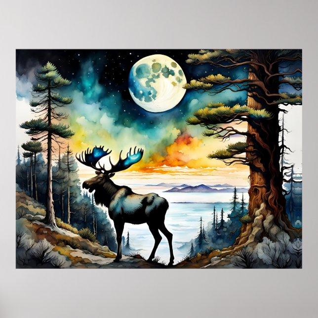 Poster Alaskan Moose sob a Lua (Frente)