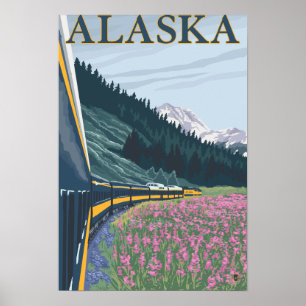 Poster AlaskaRailroad e viagens vintage do Fireweed