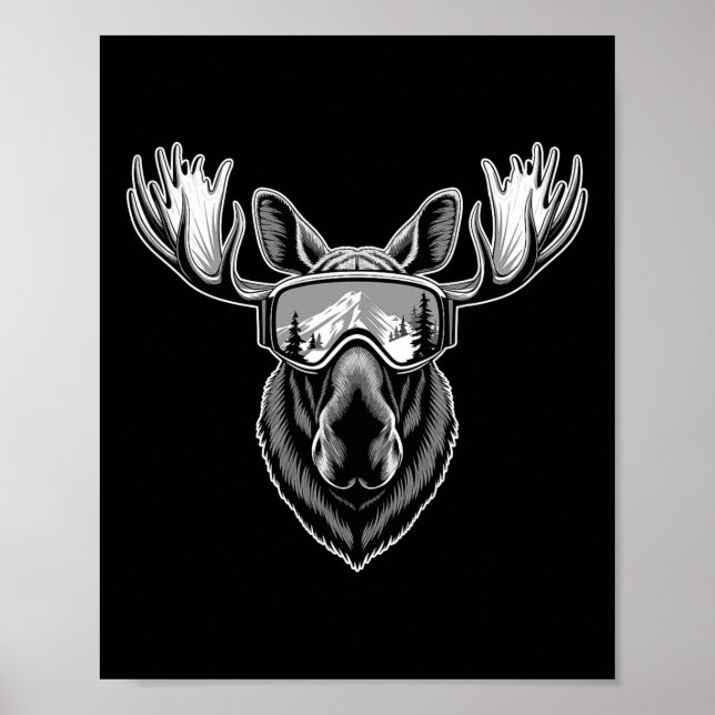 Poster Alce Com Óculos De Esqui Esquiando Snowboard Inver (Frente)