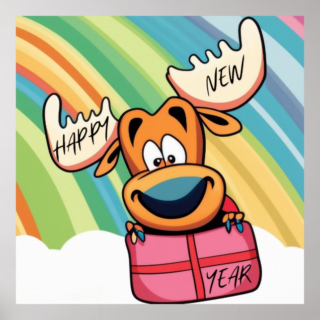 Poster Alce feliz ano novo - Design de Celebração Festiva (Frente)