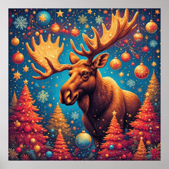 Poster Alce Festivo Decorado Com Enfeites De Natal (Frente)