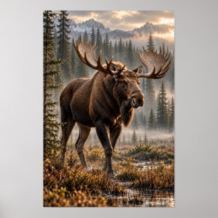 Poster Alce Touro na Floresta de Montanha Zona Húmida Art