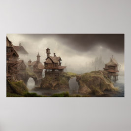 Poster Aldeia abstrato muito perto das casas de madeira d