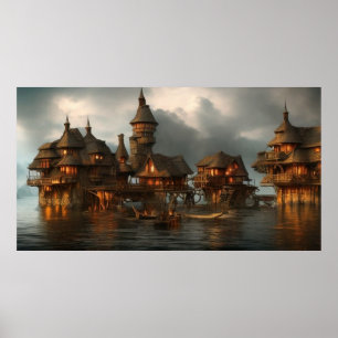 Poster Aldeia abstrato muito perto das casas de madeira d