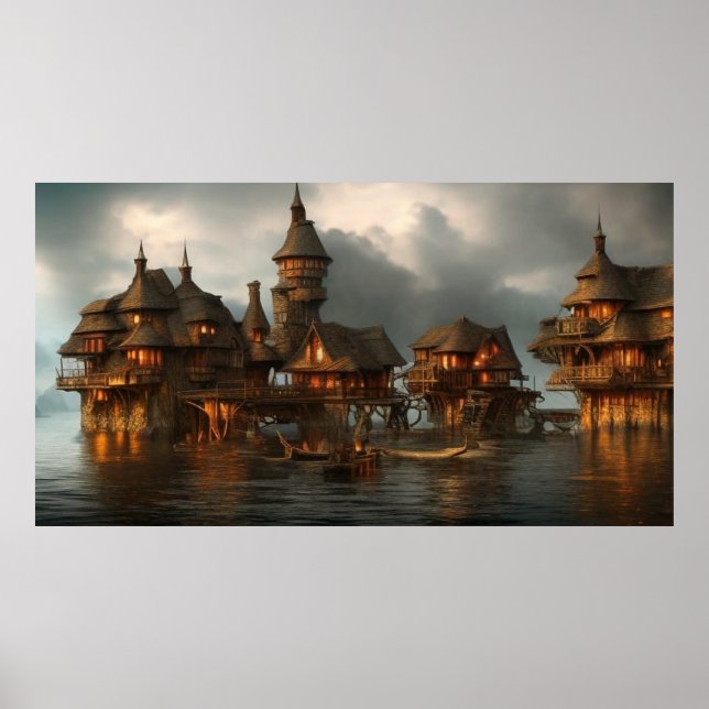 Poster Aldeia abstrato muito perto das casas de madeira d (Frente)