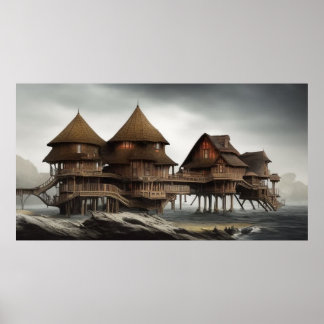 Poster Aldeia abstrato muito perto das casas de madeira d