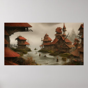 Poster Aldeia abstrato muito perto do oceano