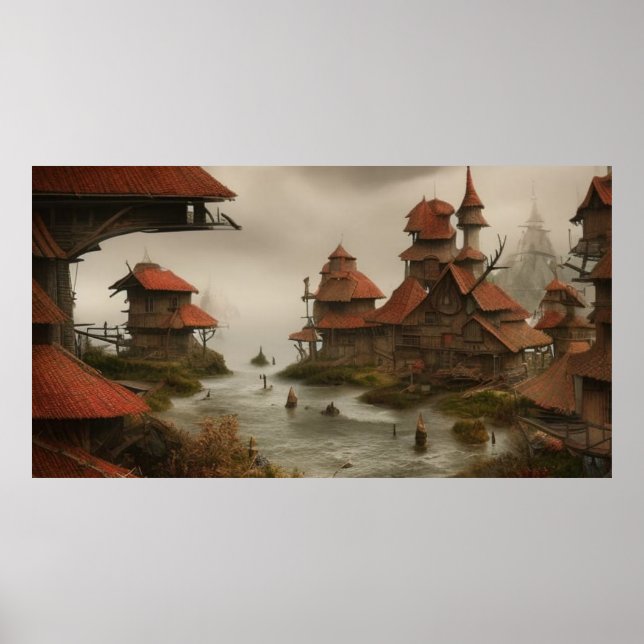 Poster Aldeia abstrato muito perto do oceano (Frente)