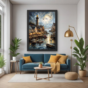 Pôster Aldeia Costeira Serene na Arte Portuária Náutica d
