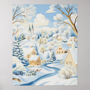 Poster Aldeia de inverno brilhante com Colinas e árvores 