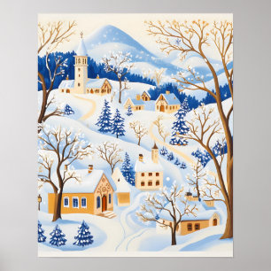 Poster Aldeia de inverno com árvores Foscos e Colinas de 