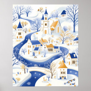 Poster Aldeia de inverno com rio Winding e Igreja