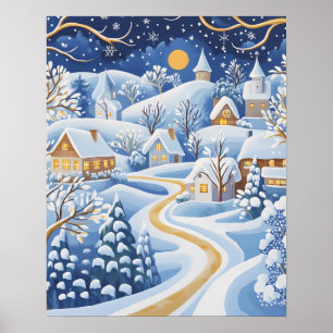 Poster Aldeia de inverno iluminada com o caminho de neve