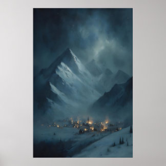 Poster Aldeia de Montanha Congelada sob Crepúsculo Nevado