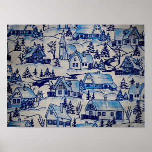 Poster Aldeia de Natal Azul Vintage