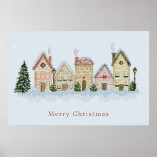Poster Aldeia de Natal em Aquarela Feliz Natal Azul