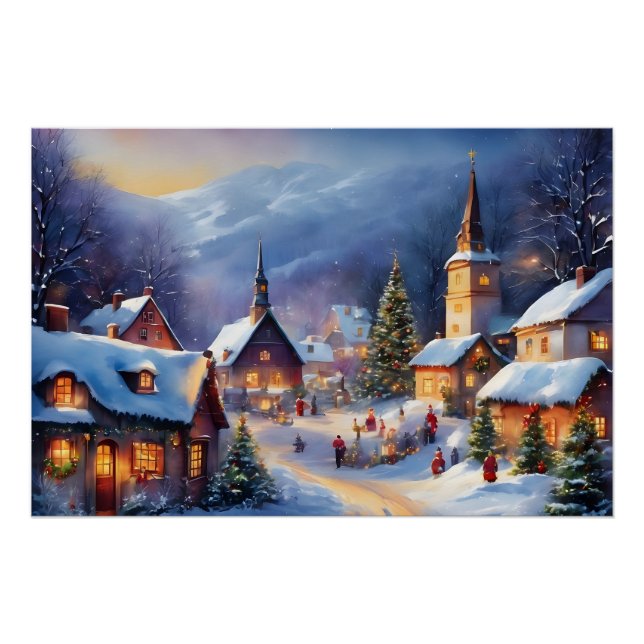 Pôster Aldeia de Natal nas Montanhas do inverno (Frente)