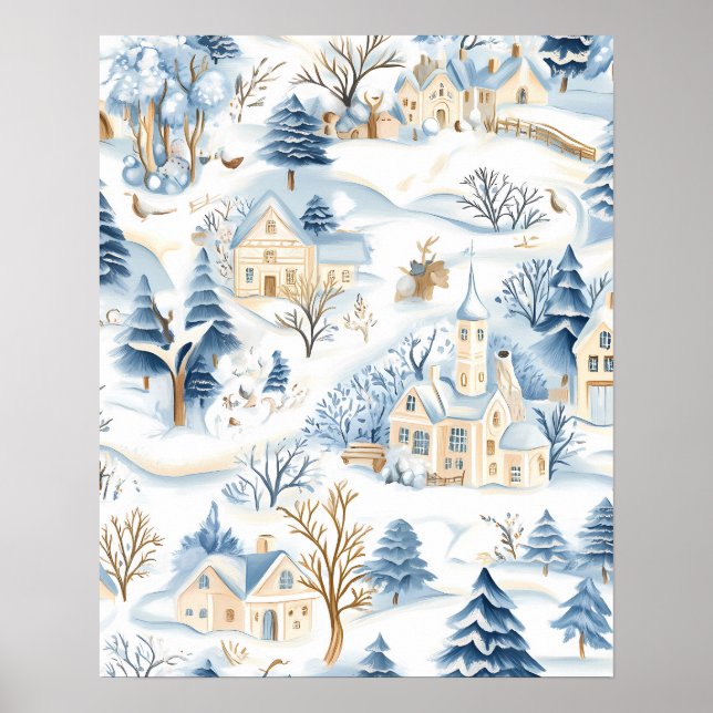 Poster Aldeia Encantadora de Neve com Animais da Floresta (Frente)