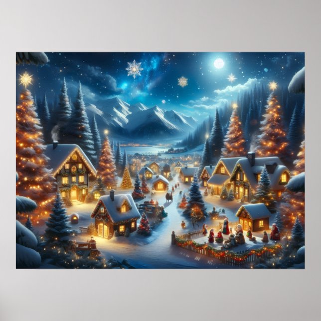 Poster Aldeia Mágica de Natal sob a Luz da Lua na Neve (Frente)