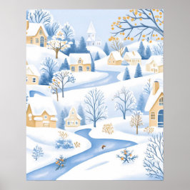 Poster Aldeia Serene Snowy com Fluxo Fluvial