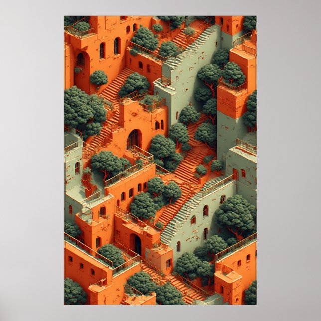 Poster Aldeia Surreal Terracada com Árvores e Escadas (Frente)