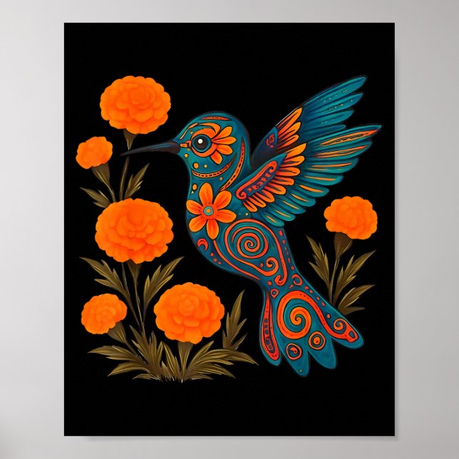 Poster Alebrije Hummingbird Flower Mexican Folk Art Bird  (Frente)
