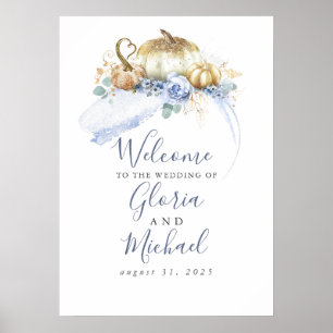 Poster Alegre Abóbora Floral Azul Poenta Casamento Boas-v