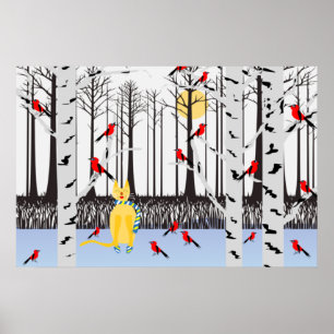 Poster Alegria de inverno - Gato com Cardeais de Árvores