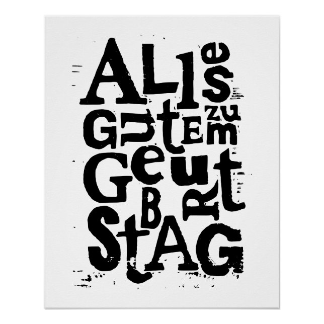 Pôster Alemão Negro e Branco "Parabéns" Lino Cut (Frente)