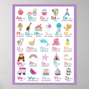 Poster Alfabeto A a Z Crianças Baby Nursery em Roxo