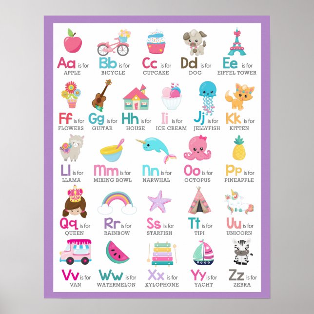 Poster Alfabeto A a Z Crianças Baby Nursery em Roxo (Frente)