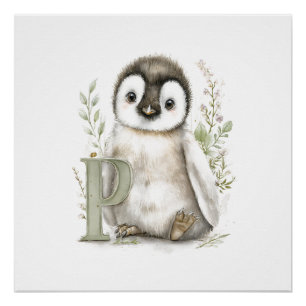 Pôster Alfabeto de Animais Bebês em Aquarela Fofa Pinguim