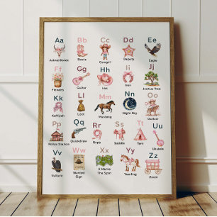 Poster Alfabeto de Cowgirl Ocidental Cartaz ABC Para Quar
