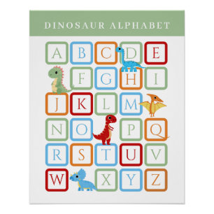 Pôster Alfabeto Educacional de Dinossauro - Verde e Branc