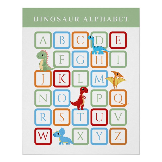 Pôster Alfabeto Educacional de Dinossauro - Verde e Branc (Frente)