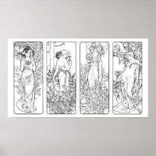 Poster Alfonso Mucha - Four Seasons - pretos e brancos