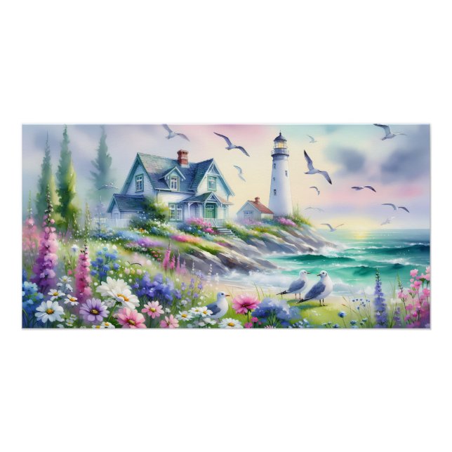 Pôster Algodão à beira-mar e Aquarela de farol (Frente)