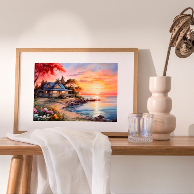 Poster Algodão Encantador Tranquilo de Capa (Indulge in coastal haven's serene beauty with a captivating digital oil painting. )