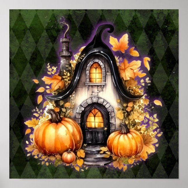 Poster Algodão Gótico de Queda de Halloween Verde Argyle (Frente)
