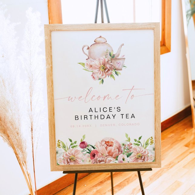 Poster ALICE Blush Floral Birthday Tea Brunch Bem-vindo (Criador carregado)