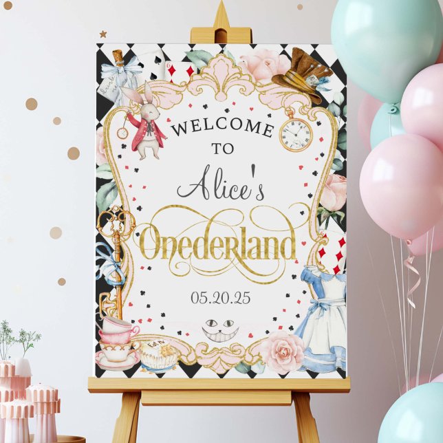 Poster Alice em Onederland, primeiro aniversario sinal de (Alice Onederland, Girl 1st birthday poster, mad hatter, tea party, birthday welcome sign.)