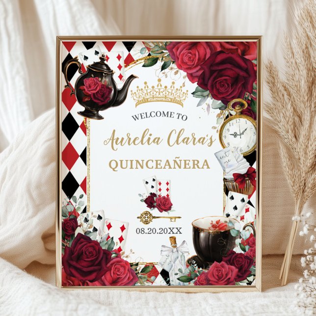 Poster Alice Floral rosa vermelha em Wonderland Quinceañe (Criador carregado)