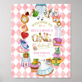 Poster Alice in Wonderland 1st birthday Pink Welcome