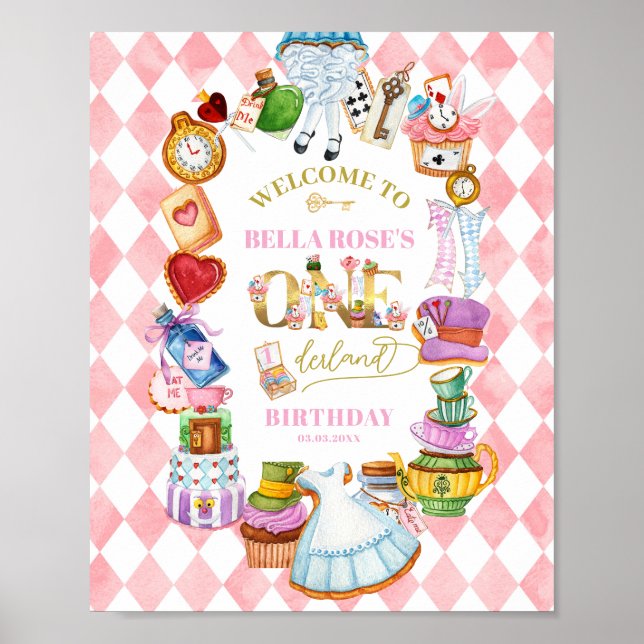 Poster Alice in Wonderland 1st birthday Pink Welcome (Frente)