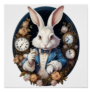 Pôster Alice no Coelho Branco em Relógios e rosas