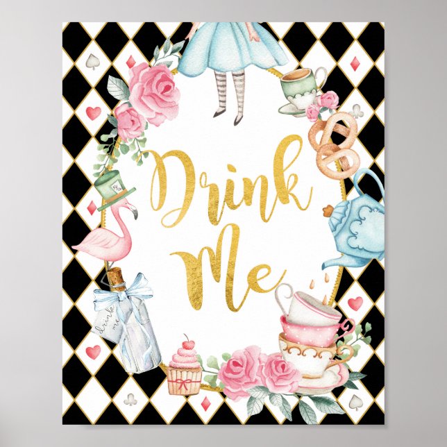 Poster Alice rosa negra no País das Maravilhas DRINK ME - (Frente)